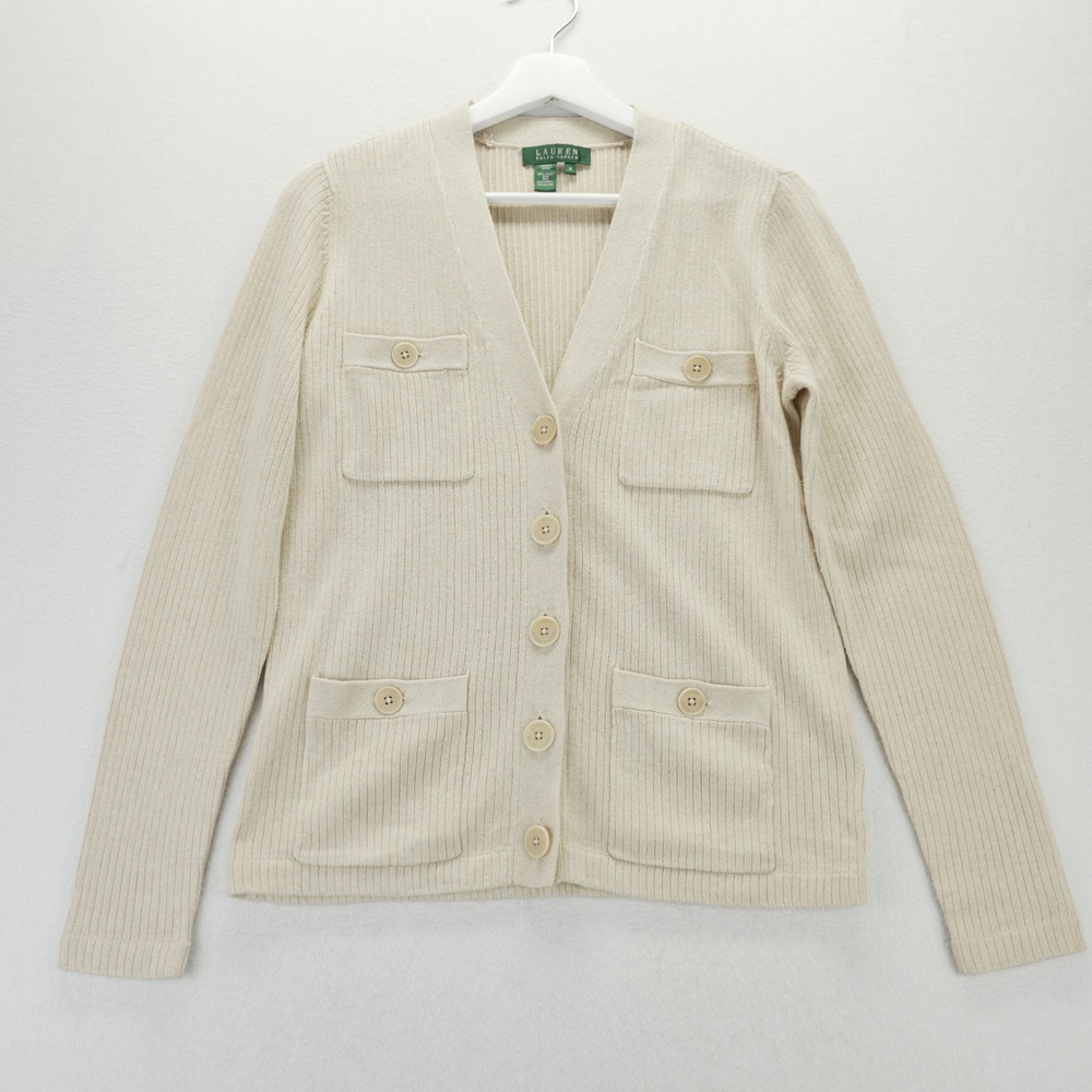 Lauren Ralph Lauren Silk Cashmere Ribbed Cardigan Sweater Beige Cream Womens M